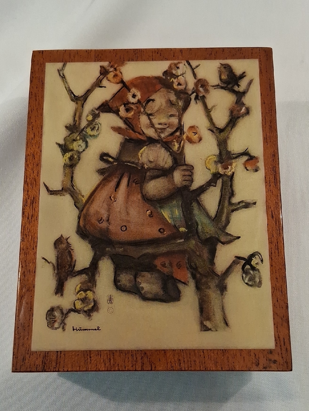 Hummel-Inspired Girl in Tree Music Box Jewelry Box- Brown and Cream